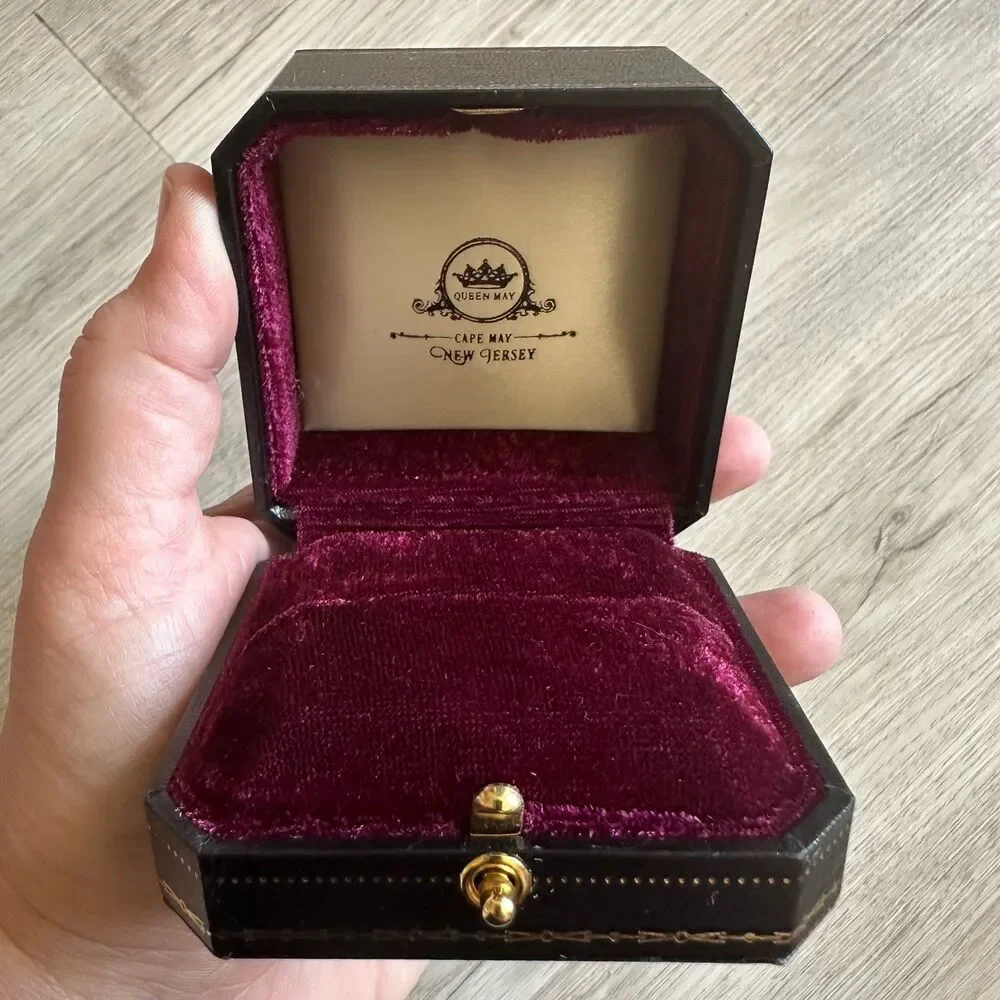 Antique Style Merlot Velvet Lined Gold Button Release Ring Box Queen May Jewelry